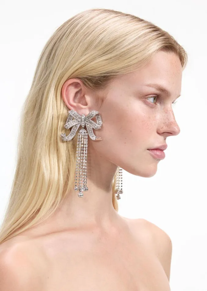 Large Crystal Bow Droplet Earrings Women Self Portrait Jewellery Large Crystal Bow Droplet Earrings Women Self Portrait Jewellery