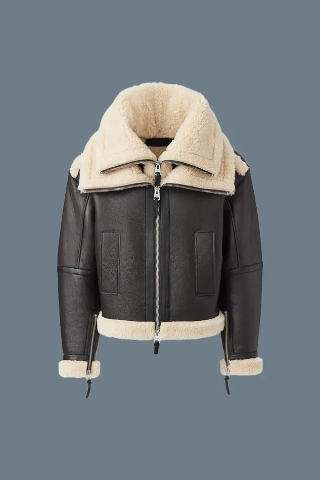 Leather Jackets Men Mackage LOTTE Sheepskin Jacket With Double Collar Chocolate