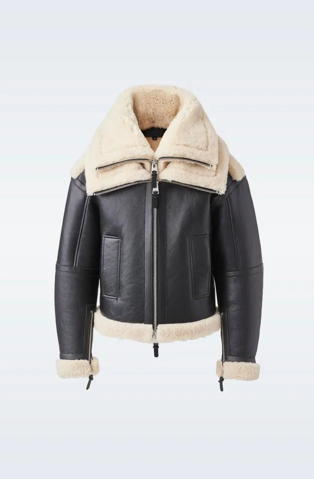 Leather Jackets Men Mackage LOTTE Sheepskin Jacket With Double Collar Chocolate