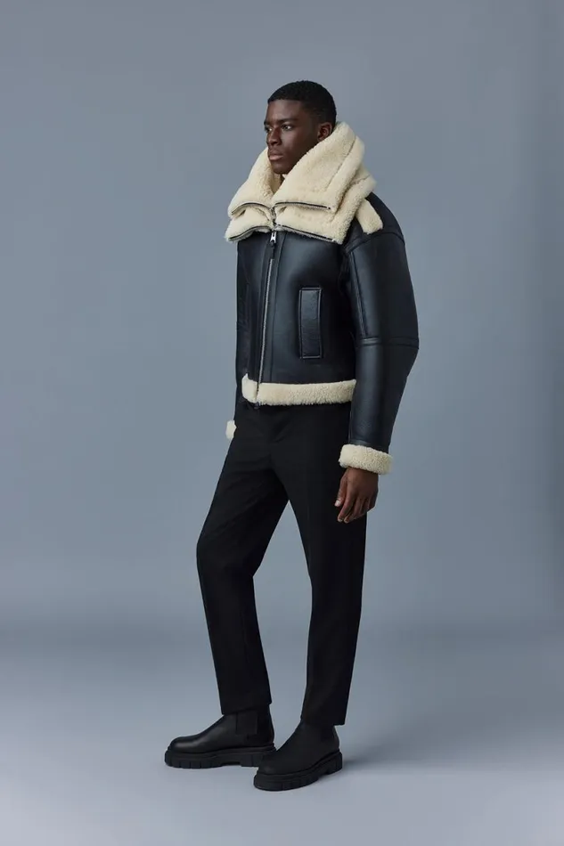 Leather Jackets Men Mackage LOTTE Sheepskin Jacket With Double Collar Chocolate