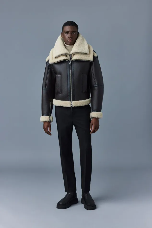 Leather Jackets Men Mackage LOTTE Sheepskin Jacket With Double Collar Chocolate