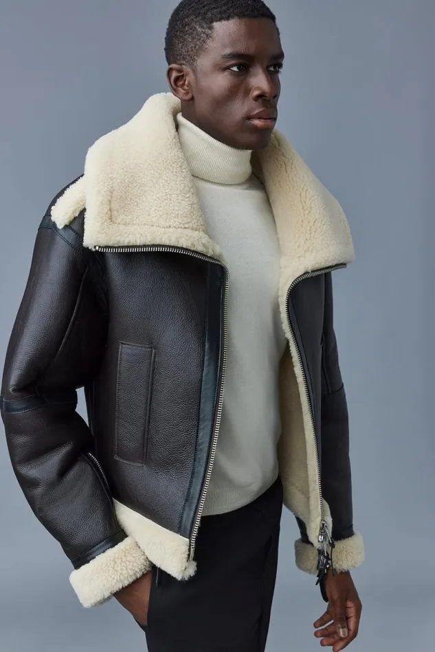 Leather Jackets Men Mackage LOTTE Sheepskin Jacket With Double Collar Chocolate