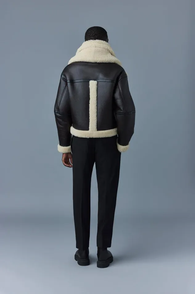 Leather Jackets Men Mackage LOTTE Sheepskin Jacket With Double Collar Chocolate