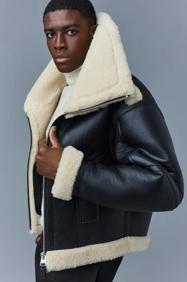 Leather Jackets Men Mackage LOTTE Sheepskin Jacket With Double Collar Chocolate