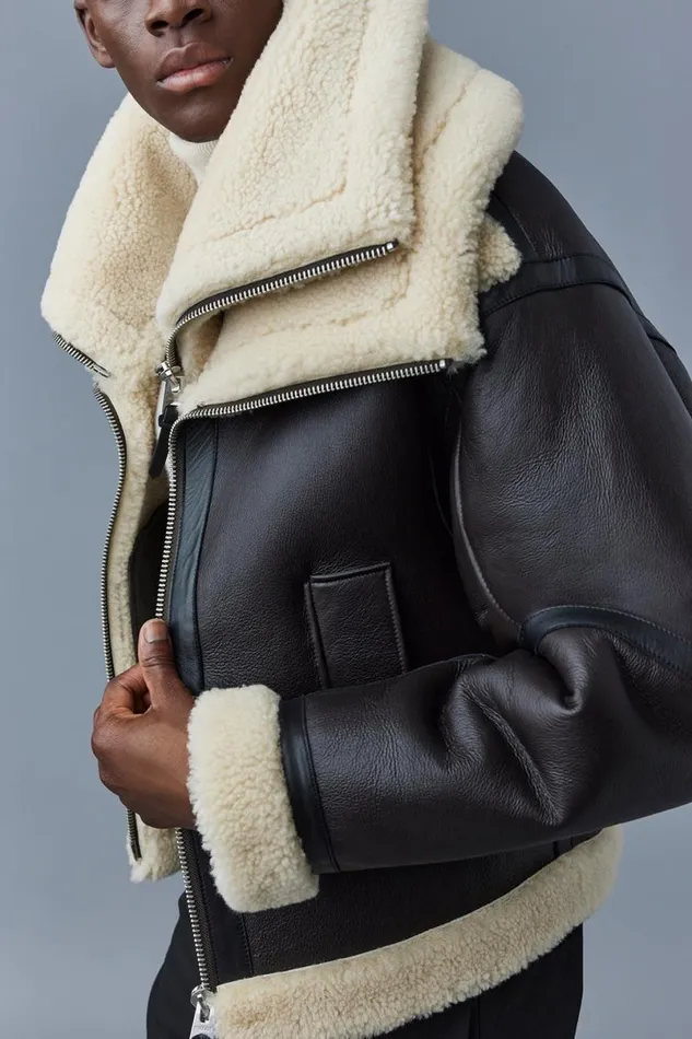 Leather Jackets Men Mackage LOTTE Sheepskin Jacket With Double Collar Chocolate
