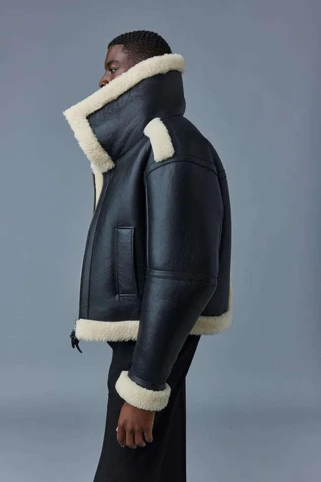 Leather Jackets Men Mackage LOTTE Sheepskin Jacket With Double Collar Chocolate