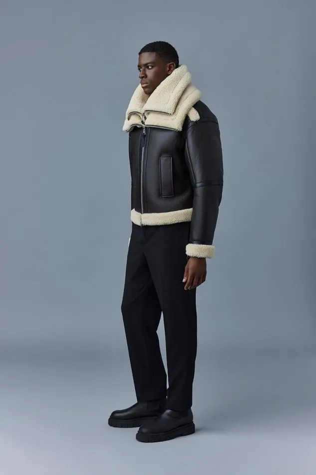 Leather Jackets Men Mackage LOTTE Sheepskin Jacket With Double Collar Chocolate
