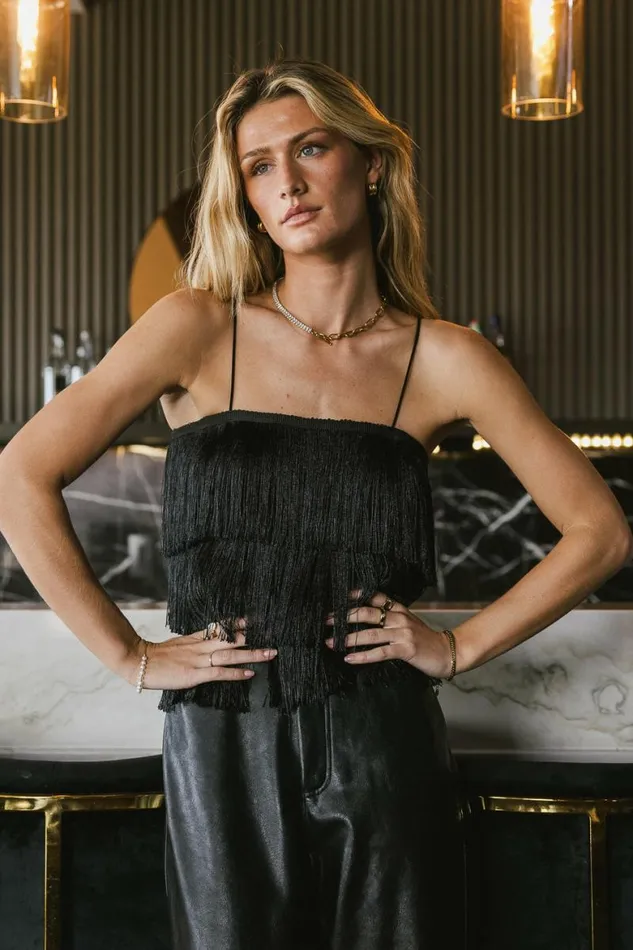 Leora Fringe Crop Top Black Women Bohme Tops