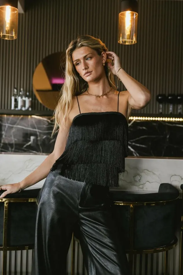 Leora Fringe Crop Top Black Women Bohme Tops