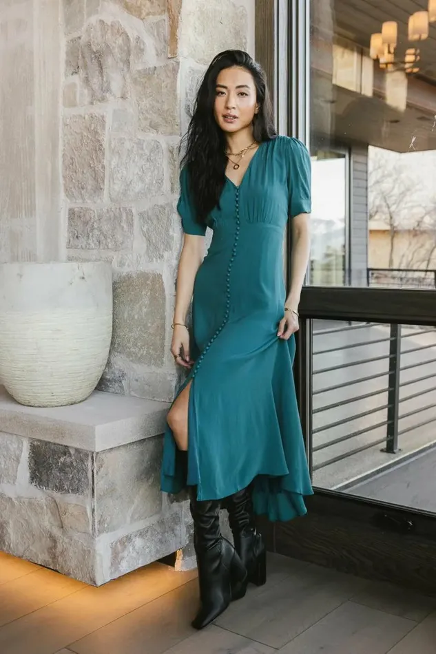 Lia Button Detail Dress In Teal Teal Women Bohme Dresses