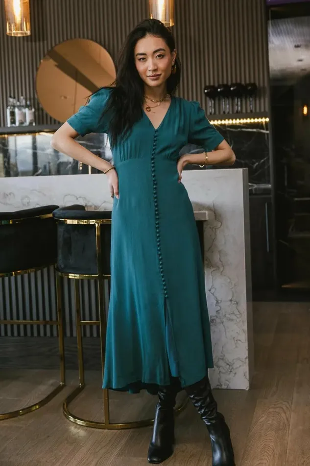 Lia Button Detail Dress In Teal Teal Women Bohme Dresses