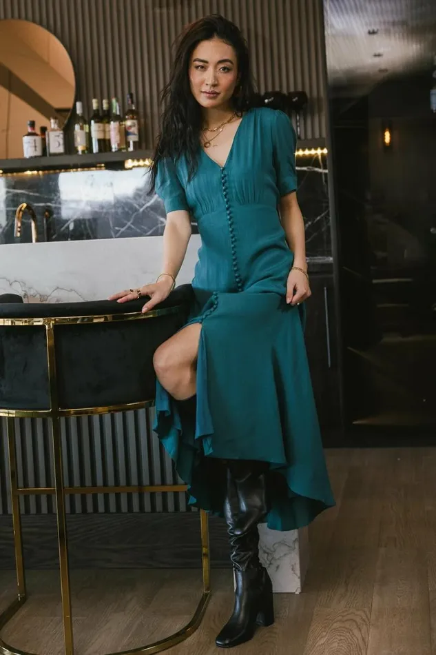 Lia Button Detail Dress In Teal Teal Women Bohme Dresses