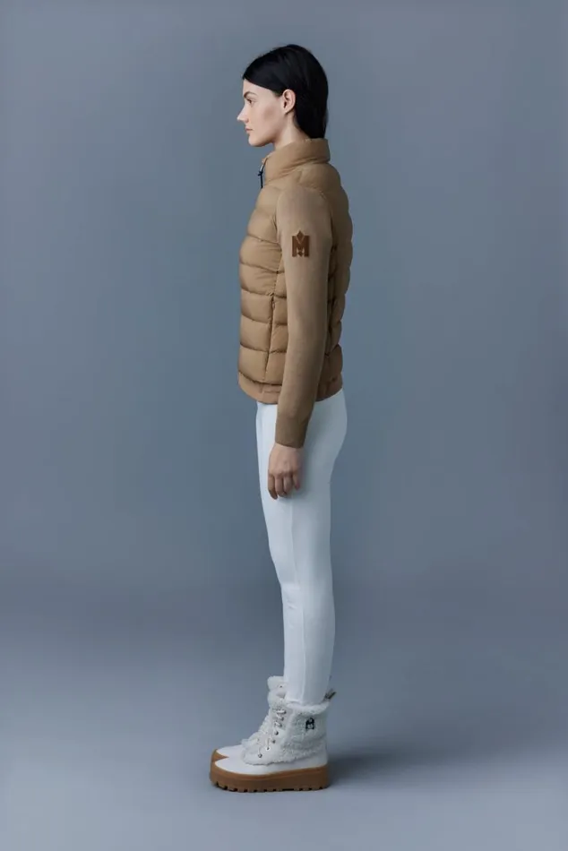 Light Down Jackets Women Mackage OCEANE Recycled Hybrid Jacket With Rib Knit Sleeves Beige