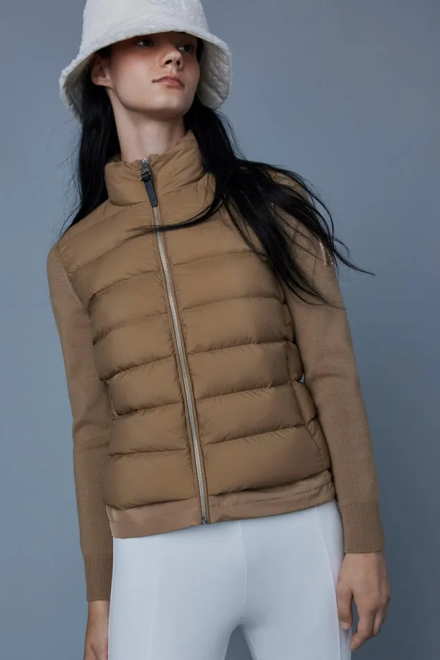 Light Down Jackets Women Mackage OCEANE Recycled Hybrid Jacket With Rib Knit Sleeves Beige