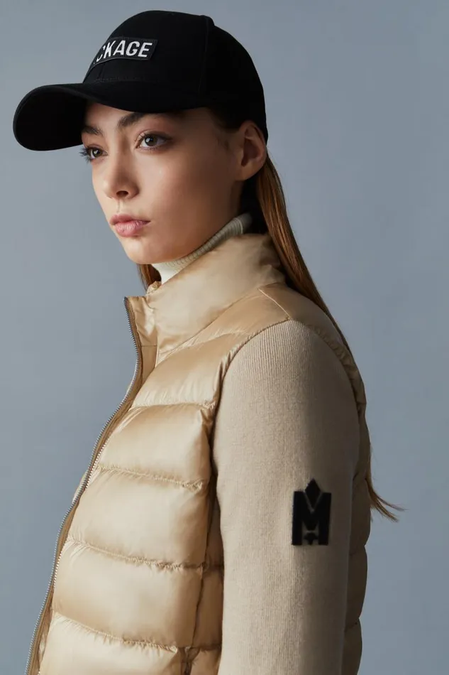 Light Down Jackets Women Mackage OCEANE Recycled Hybrid Jacket With Rib Knit Sleeves Beige