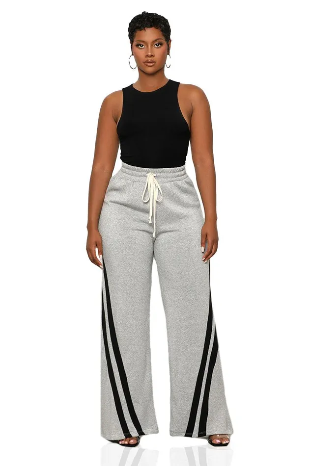 Lilly039s Kloset Bottoms Women Side Stripe Wide Leg Jogger Pants Grey Multi