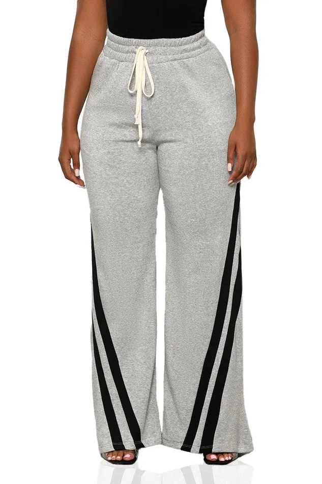 Lilly039s Kloset Bottoms Women Side Stripe Wide Leg Jogger Pants Grey Multi