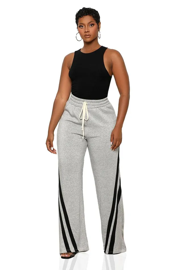 Lilly039s Kloset Bottoms Women Side Stripe Wide Leg Jogger Pants Grey Multi