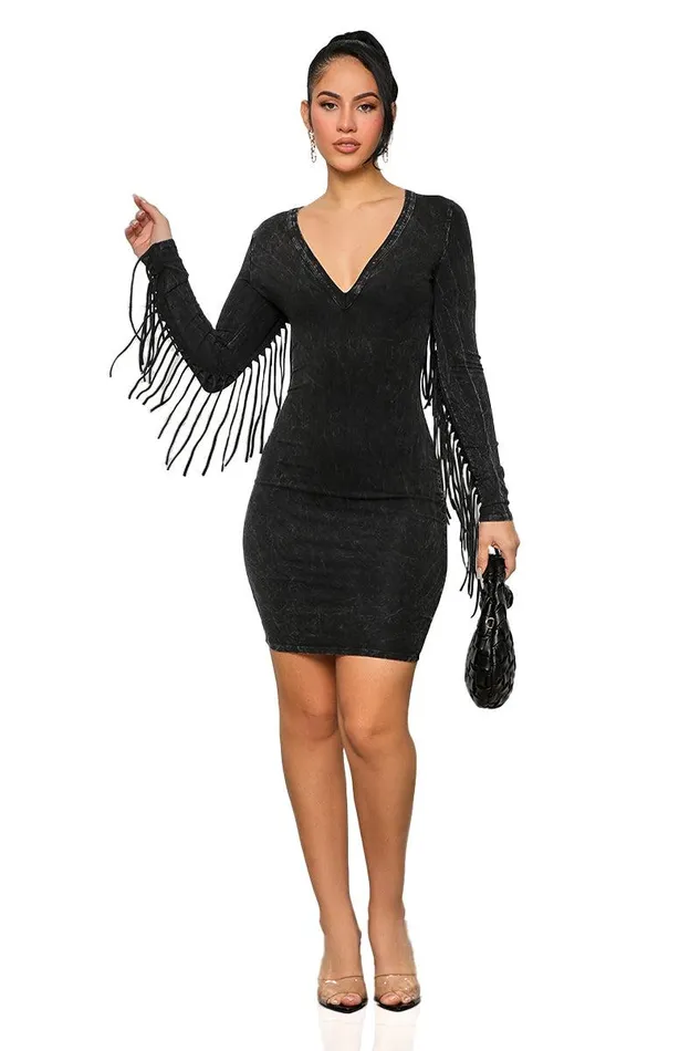 Lilly039s Kloset Dresses Women Rodeo Ready Fringe Dress Black Acid WashFINAL SALE