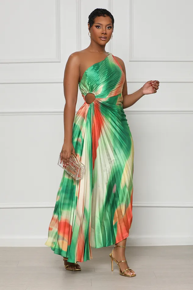 Lilly039s Kloset Dresses Women Sunkissed Watercolor One Shoulder Dress Green Multi
