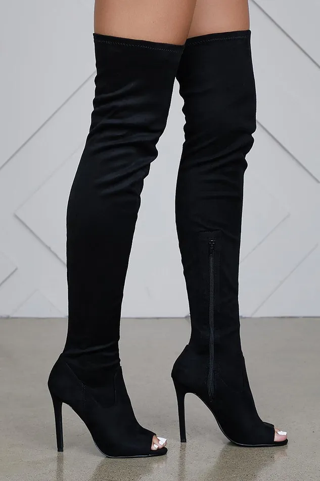 Lilly039s Kloset Heels Women Lori Thigh High Peep Toe Boot Black FINAL SALE