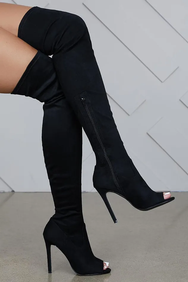 Lilly039s Kloset Heels Women Lori Thigh High Peep Toe Boot Black FINAL SALE