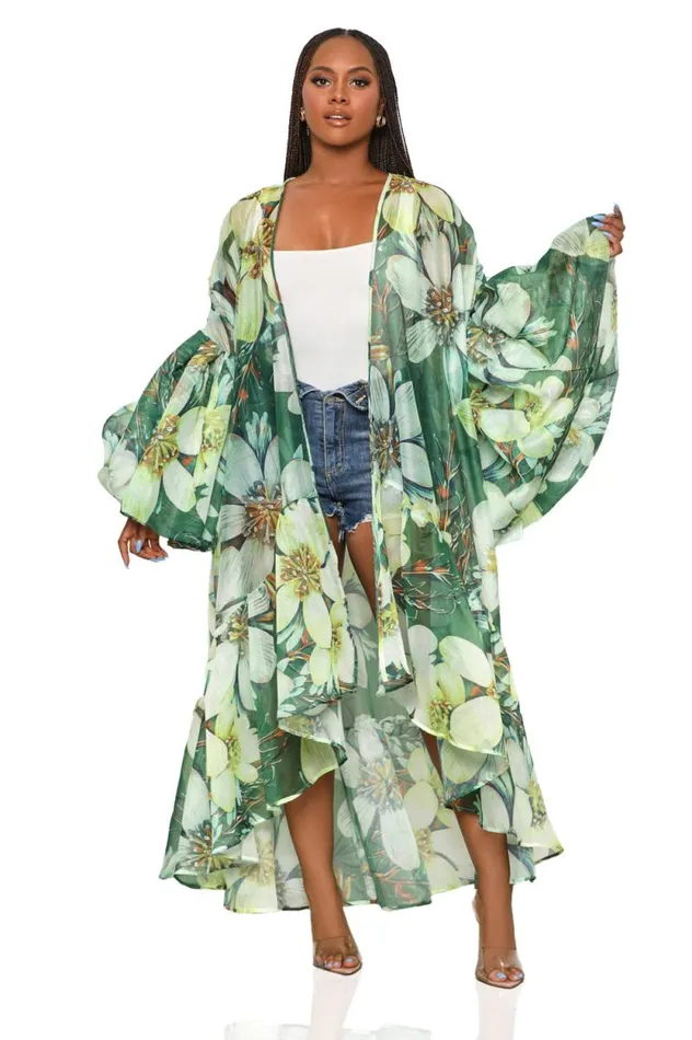 Lilly039s Kloset Jackets and Coats Women Grand Entrance Floral Organza Kimono Green Multi