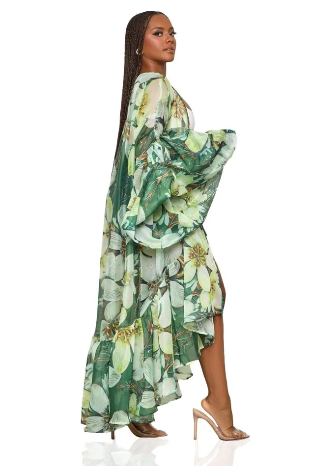 Lilly039s Kloset Jackets and Coats Women Grand Entrance Floral Organza Kimono Green Multi