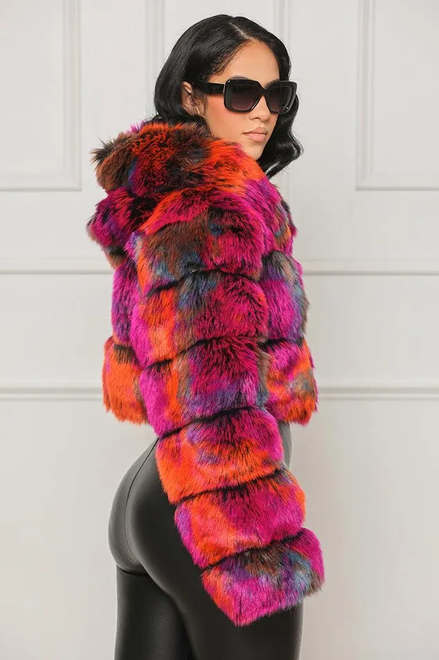 Lilly039s Kloset Jackets and Coats Women Wild Thing Hooded Faux Fur Coat Purple Multi