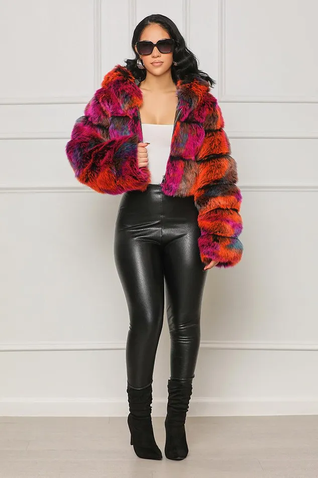 Lilly039s Kloset Jackets and Coats Women Wild Thing Hooded Faux Fur Coat Purple Multi