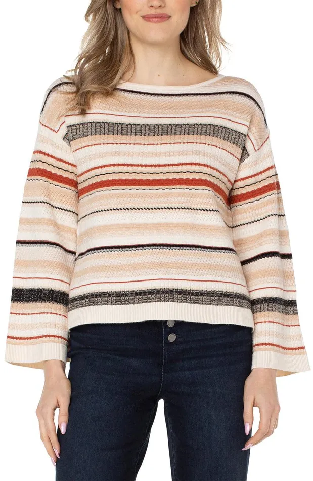 Liverpool Los Angeles BOAT NECK TEXTURED STRIPED SWEATER Rust Cream Multi Stripe Women SWEATERS