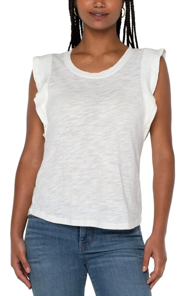 Liverpool Los Angeles DOUBLE FLUTTER SLEEVE KNIT TOP Vintage White Women TSHIRTS