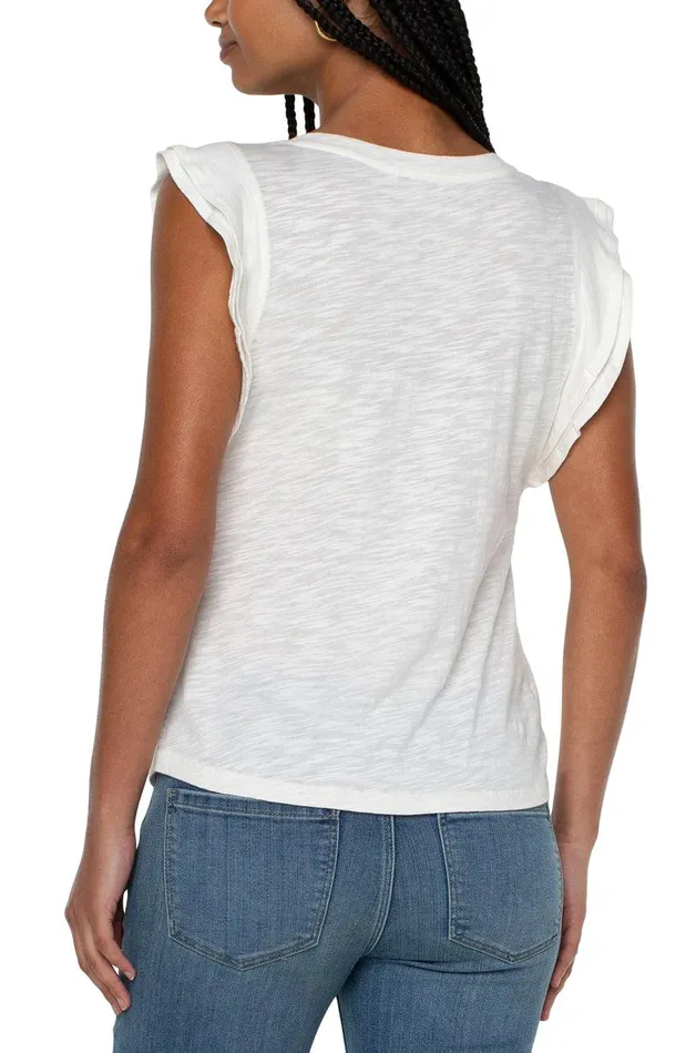 Liverpool Los Angeles DOUBLE FLUTTER SLEEVE KNIT TOP Vintage White Women TSHIRTS