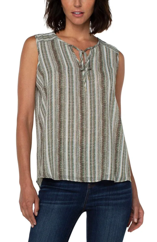 Liverpool Los Angeles SHIRRED SLEEVELESS BLOUSE WITH NECK TIES Allover Painted Stripe Women WOVEN TOPS