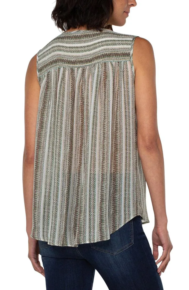 Liverpool Los Angeles SHIRRED SLEEVELESS BLOUSE WITH NECK TIES Allover Painted Stripe Women WOVEN TOPS