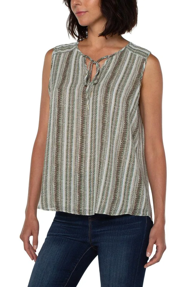 Liverpool Los Angeles SHIRRED SLEEVELESS BLOUSE WITH NECK TIES Allover Painted Stripe Women WOVEN TOPS