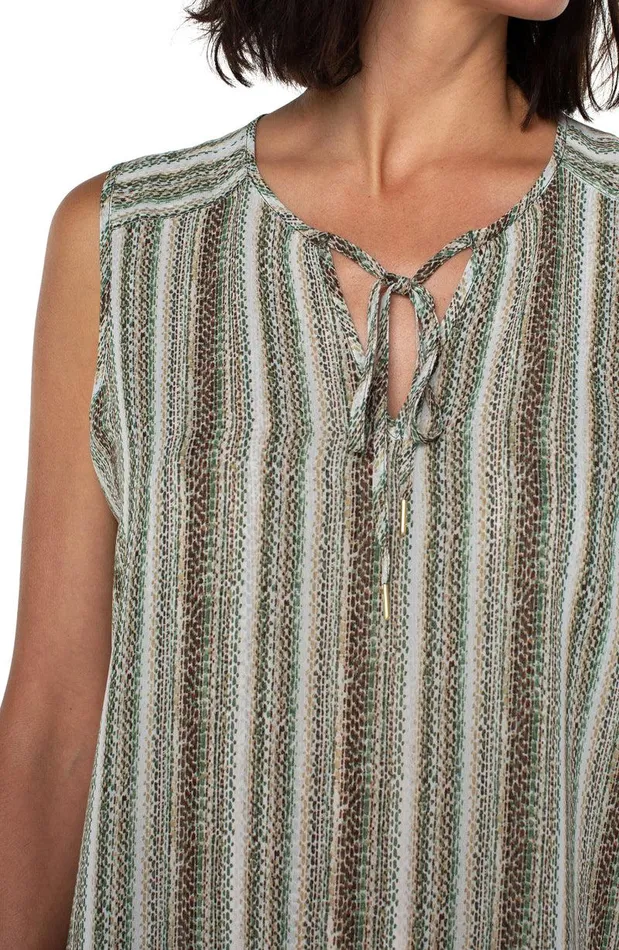 Liverpool Los Angeles SHIRRED SLEEVELESS BLOUSE WITH NECK TIES Allover Painted Stripe Women WOVEN TOPS