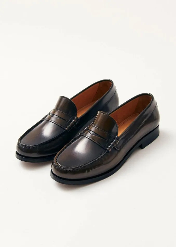 Loafers Women ALOHAS Rivet Brushed Coffee Brown Leather Loafers