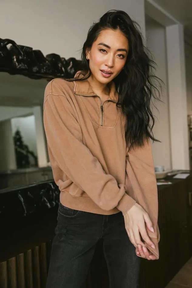 Lorena Quarter Zip In Tan Tan Women Bohme Tops