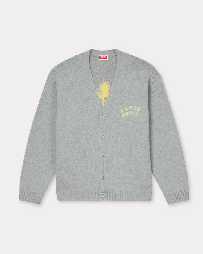Men 039KENZO Dragonfly039 Embroidered Cardigan Pale Grey Kenzo Sweaters And Cardigans