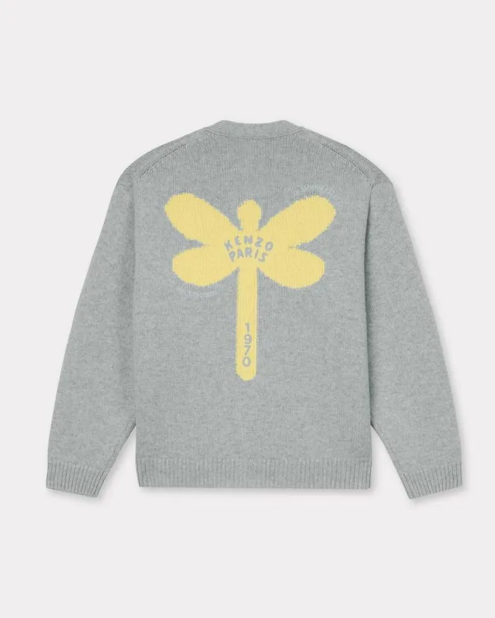 Men 039KENZO Dragonfly039 Embroidered Cardigan Pale Grey Kenzo Sweaters And Cardigans