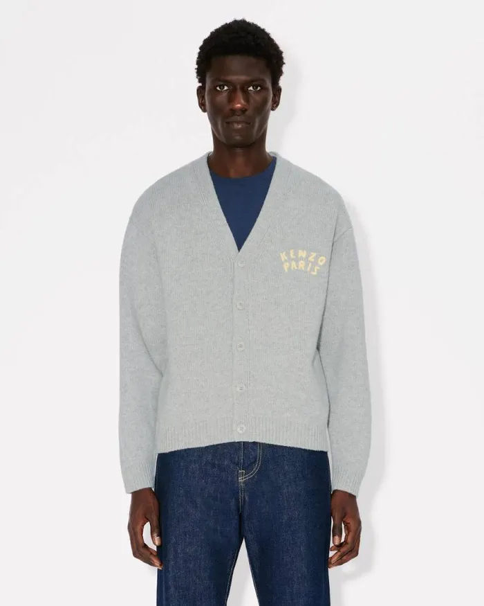 Men 039KENZO Dragonfly039 Embroidered Cardigan Pale Grey Kenzo Sweaters And Cardigans