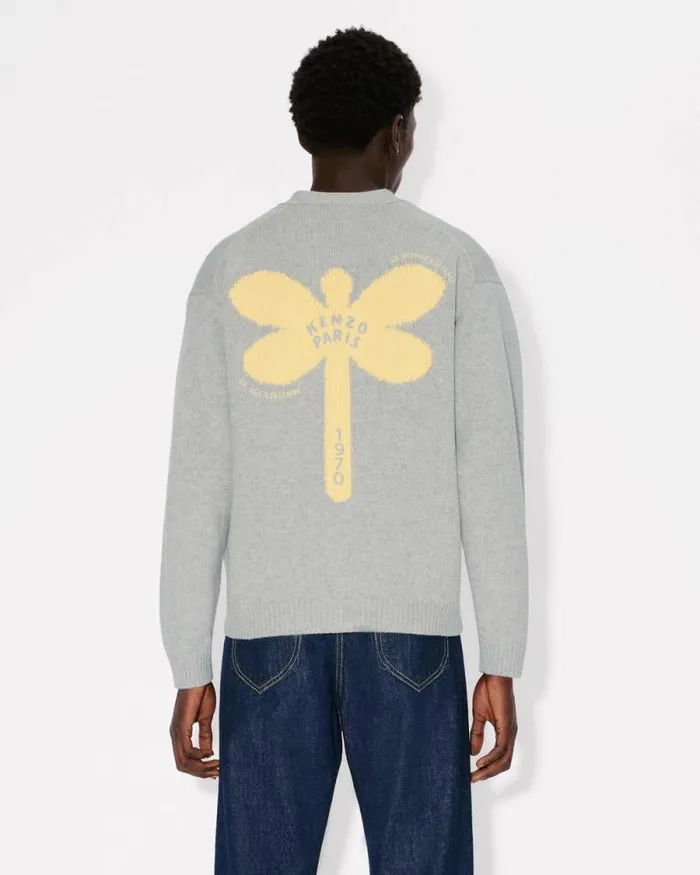 Men 039KENZO Dragonfly039 Embroidered Cardigan Pale Grey Kenzo Sweaters And Cardigans