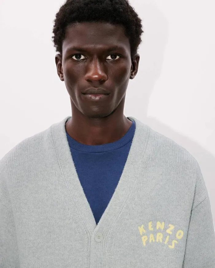 Men 039KENZO Dragonfly039 Embroidered Cardigan Pale Grey Kenzo Sweaters And Cardigans
