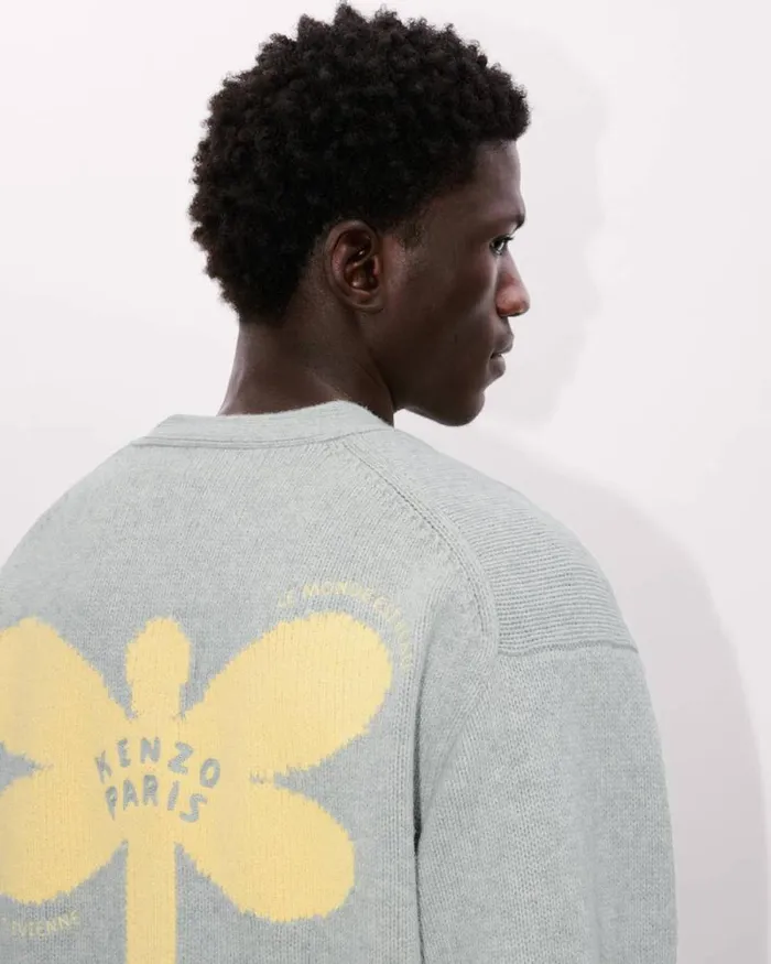 Men 039KENZO Dragonfly039 Embroidered Cardigan Pale Grey Kenzo Sweaters And Cardigans