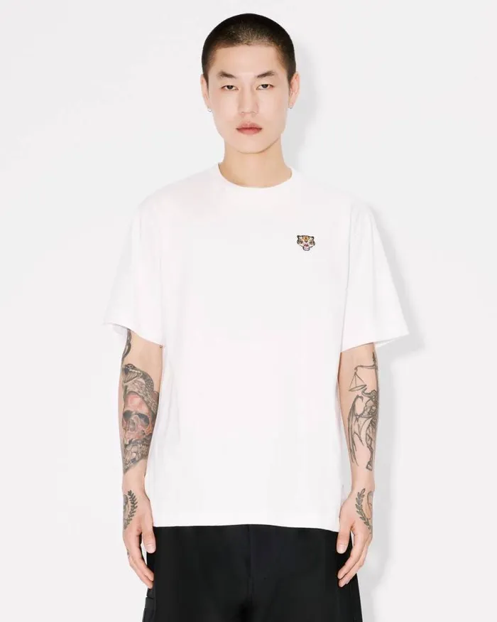 Men 039KENZO Happy Tiger039 Embroidered Tshirt In Cotton Off White Kenzo Tshirts And Polos