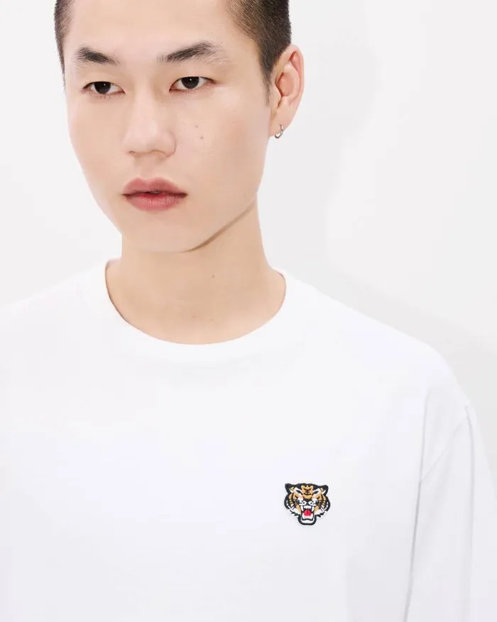 Men 039KENZO Happy Tiger039 Embroidered Tshirt In Cotton Off White Kenzo Tshirts And Polos
