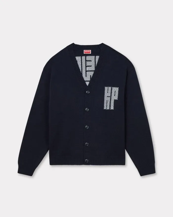 Men 039KENZO Kamon039 Embroidered Cardigan In Wool And Cotton Blue Black Kenzo Sweaters And Cardigans