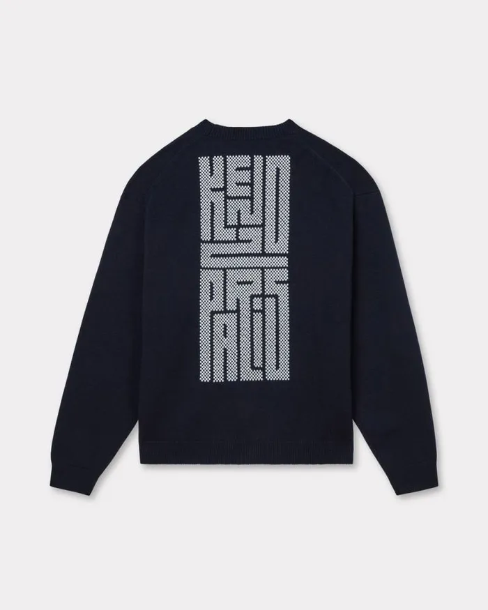 Men 039KENZO Kamon039 Embroidered Cardigan In Wool And Cotton Blue Black Kenzo Sweaters And Cardigans