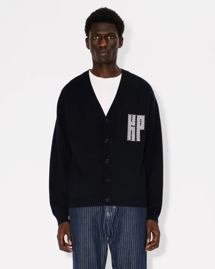 Men 039KENZO Kamon039 Embroidered Cardigan In Wool And Cotton Blue Black Kenzo Sweaters And Cardigans